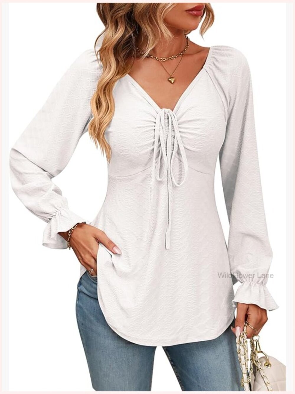 Long Sleeve Tie Front Tunic Top for Leggings Flowy Blouse